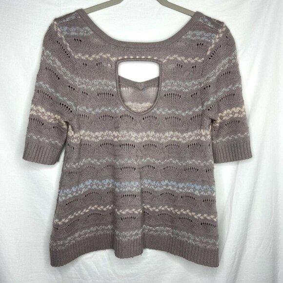Free People Knit Sweater Size Small Grey Short Sleeve‎ Striped Top 3/4 Sleeves - Picture 2 of 12